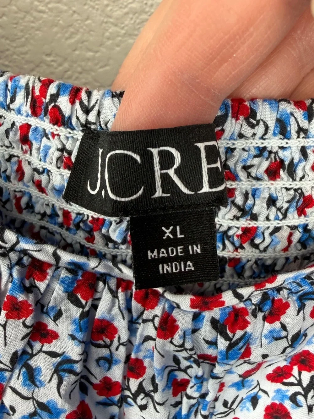 J. Crew White Floral Midi Dress with Red and Blue Accents
